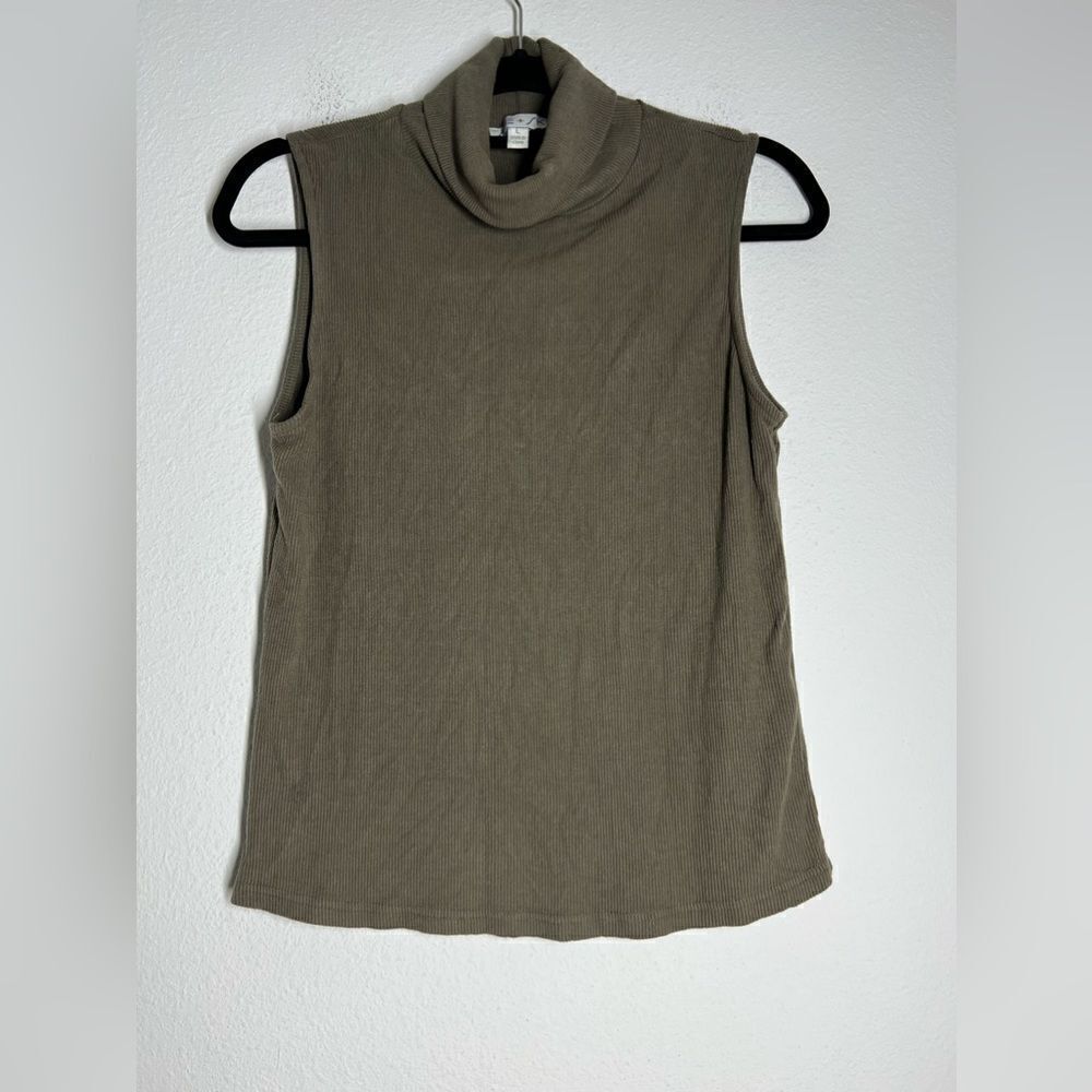 She + Sky Cotton Ribbed Sleeveless Turtleneck Sweater Top Size L Olive Green